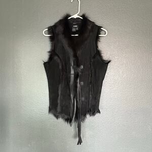 Y2K 2000s Cabo Leather Fur Vest Womens L Black Grunge Emo Goth Streetwear